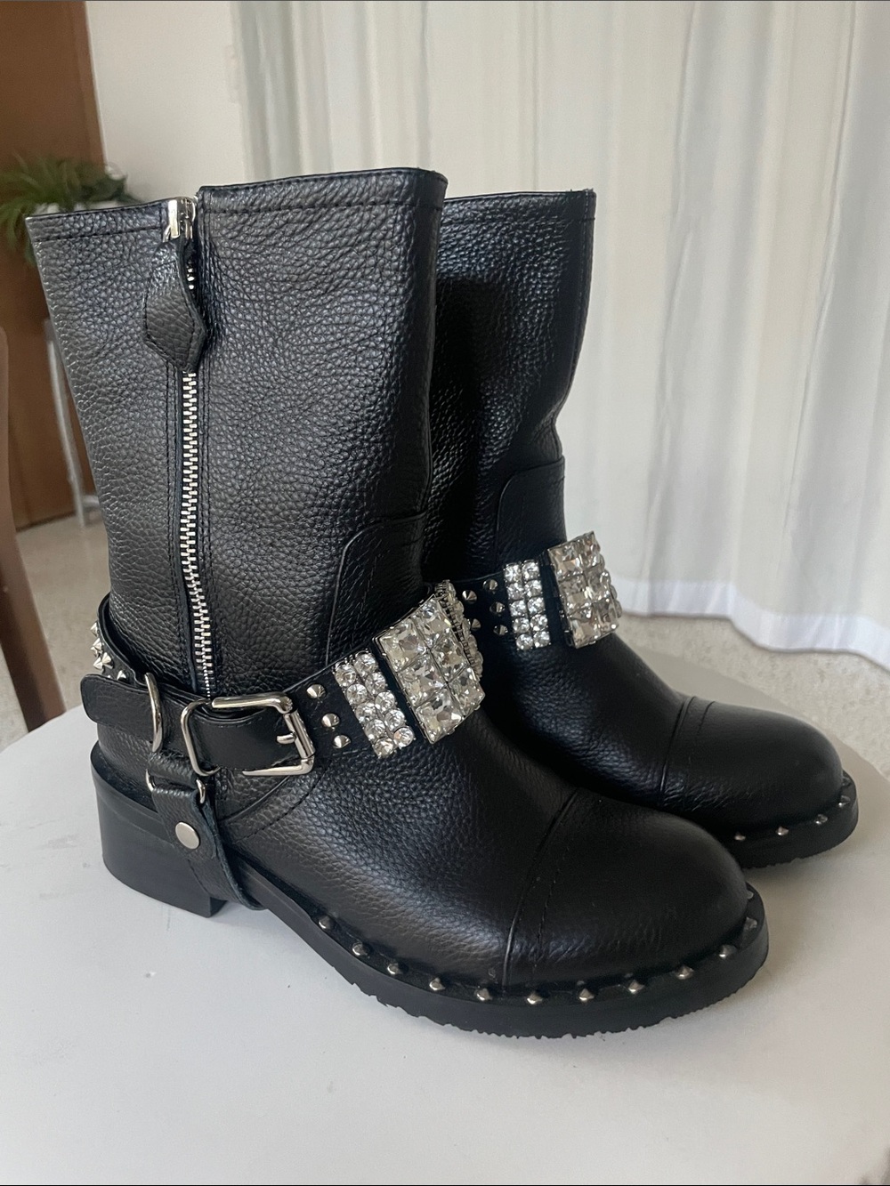Miu Miu Black calfskin Leather Crystal-Embellished Moto pony biker Boots